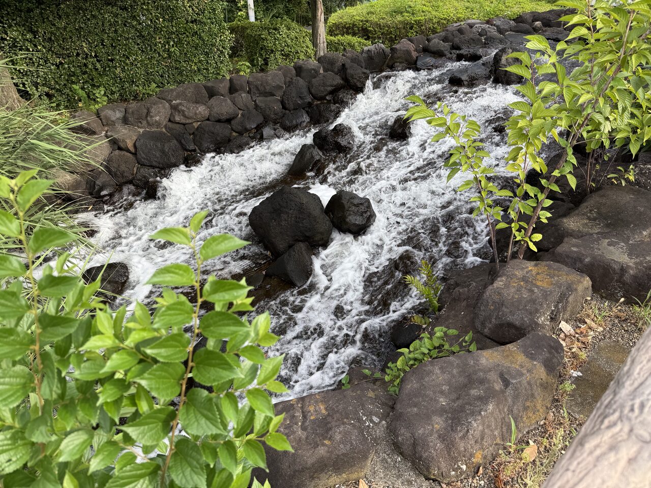 仲町遊歩道の滝、水しぶきの涼