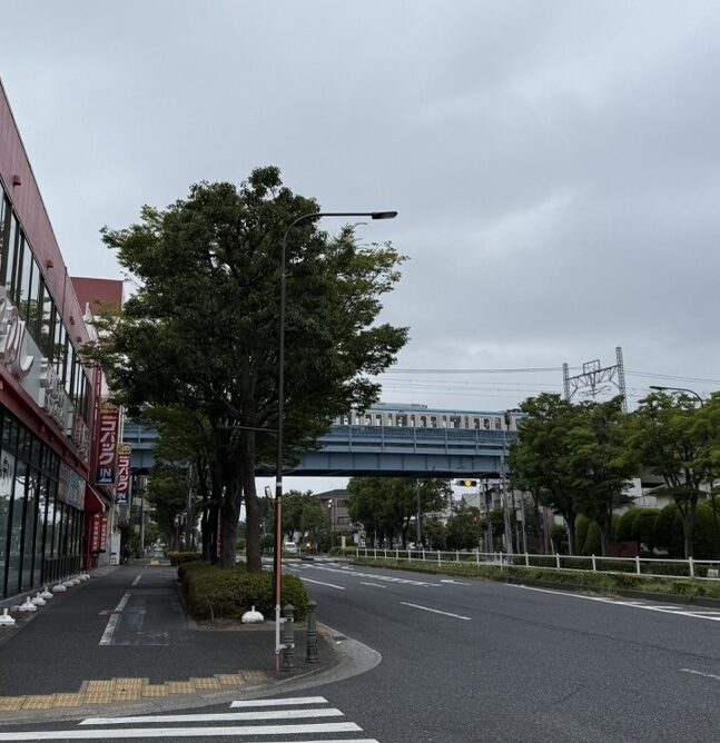 少し涼しい朝、高架を行く電車