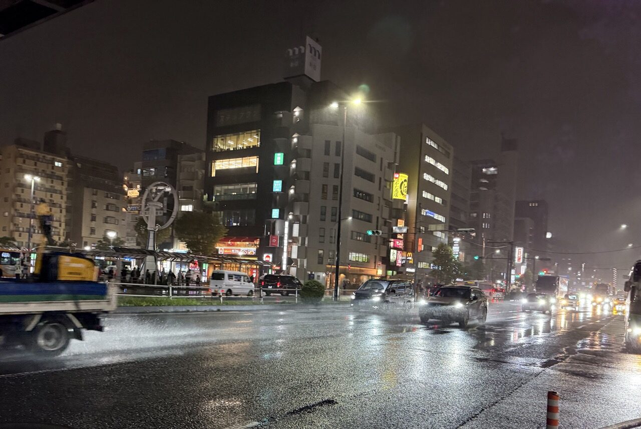 降り続く雨の夜、葛西駅前